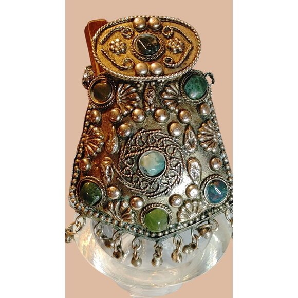 Sajai Gemstone Coin Purse Ethnic Silver Pendant Necklace Green Gemstones Bohemia - Picture 1 of 16
